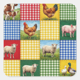 Farm Animals and Gingham Patchwork Quilt スクエアシール