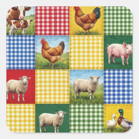 Farm Animals and Gingham Patchwork Quilt スクエアシール (正面)