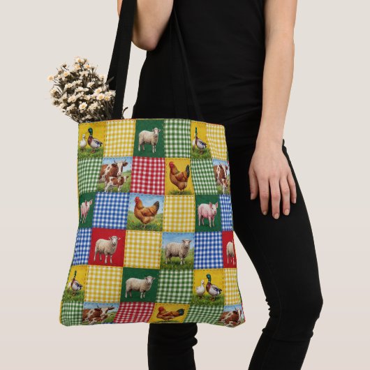 Farm Animals and Gingham Patchwork Quilt トートバッグ (クローズアップ)