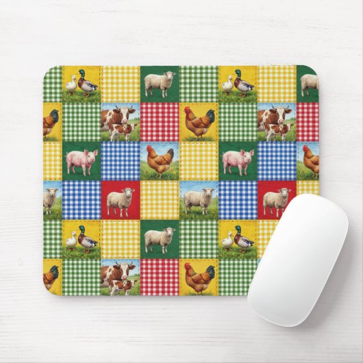 Farm Animals and Gingham Patchwork Quilt マウスパッド (マウス)