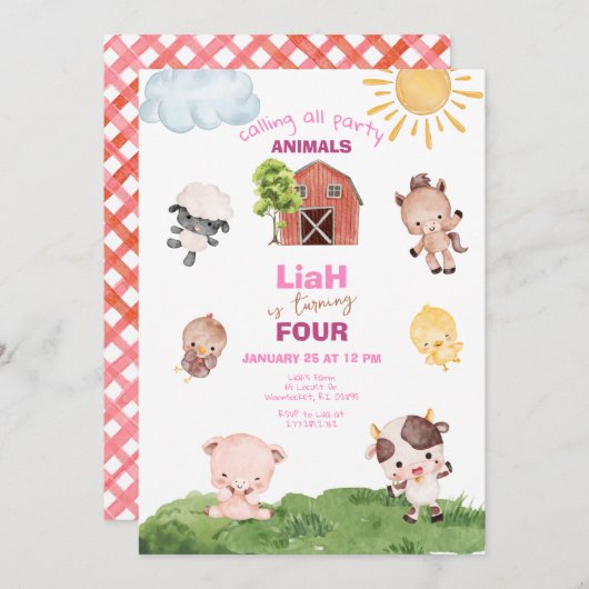Farm animals Any Age Birthday Invitation 招待状 (正面/裏面)