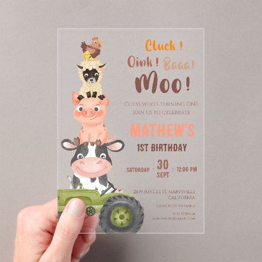 Farm animals Baa Moo Holy Cow 1st 2nd Birthday アクリル招待状 (インサイチュ (ポータブル))