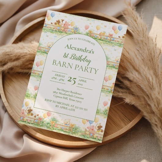 Farm Animals Barnyard 1st Birthday 招待状