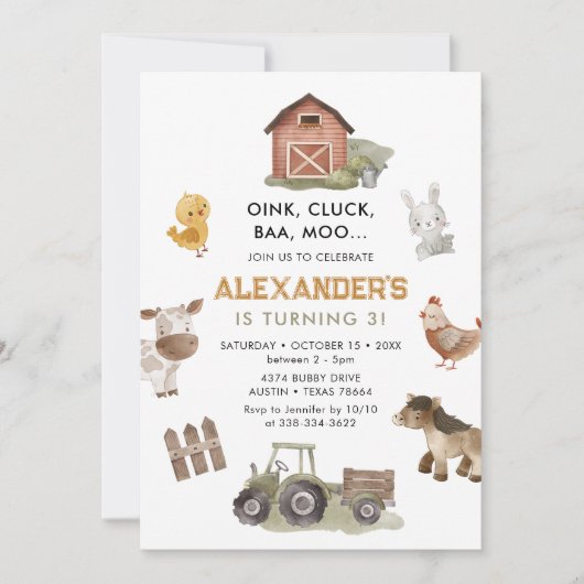 Farm Animals Barnyard 3rd Birthday 招待状 (正面)
