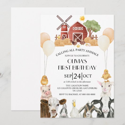 Farm Animals Barnyard Bash Ranch Birthday Party 招待状 (正面/裏面)