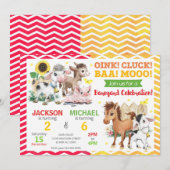 Farm Animals Barnyard Joint Birthday Party 招待状 (正面/裏面)