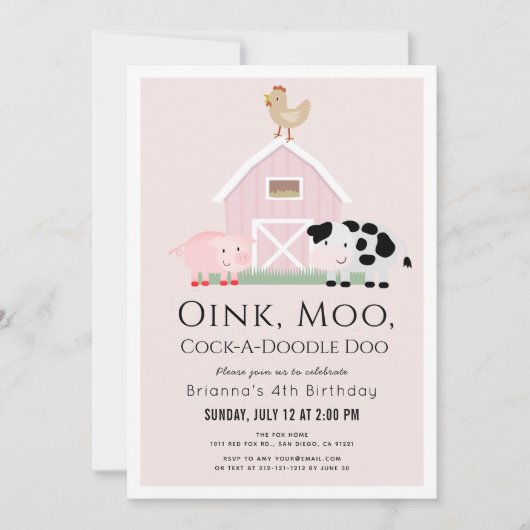 Farm Animals Barnyard Pink Girl Birthday 招待状 (正面)