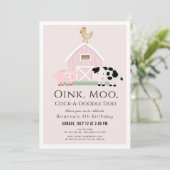 Farm Animals Barnyard Pink Girl Birthday 招待状 (スタンド正面)