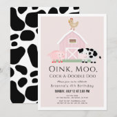 Farm Animals Barnyard Pink Girl Birthday 招待状 (正面/裏面)