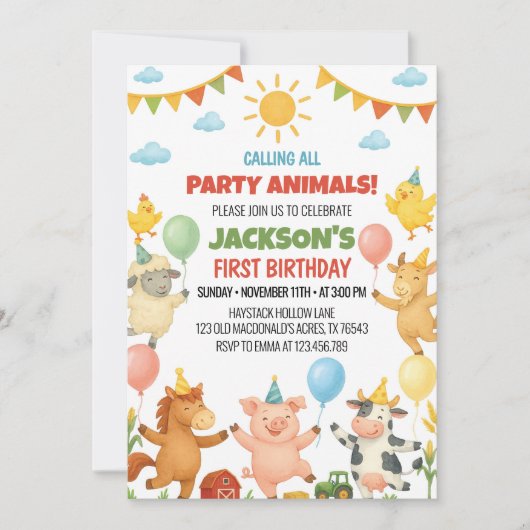Farm Animals Birthday Party Invitation 招待状 (正面)