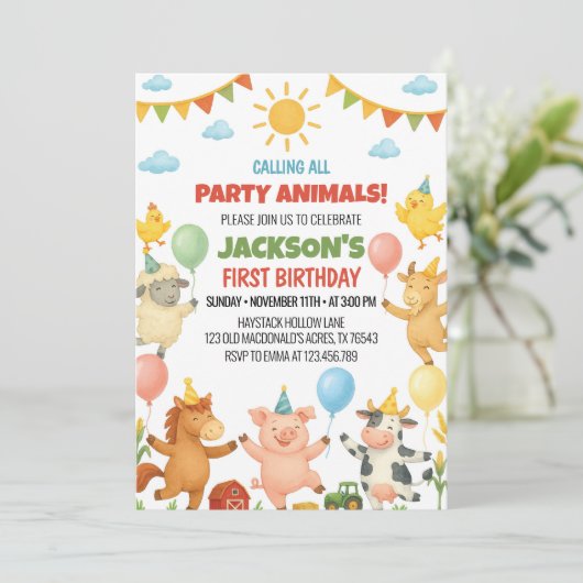 Farm Animals Birthday Party Invitation 招待状 (スタンド正面)