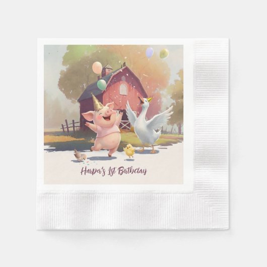 Farm Animals Birthday Party Paper 縁ありカクテルナプキン (正面)