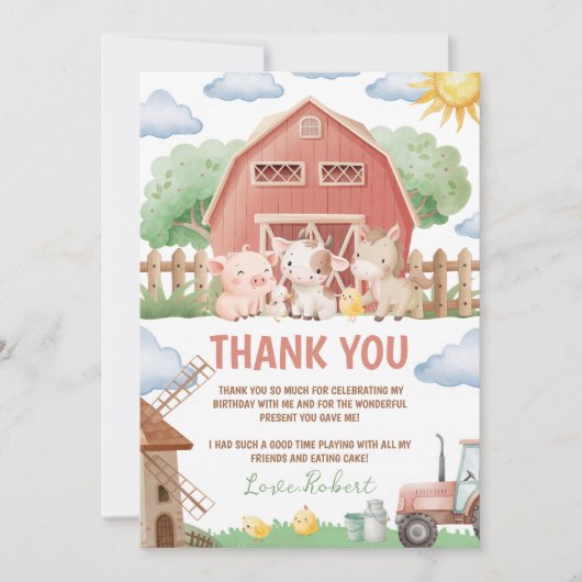 Farm Animals Birthday Thank You Card 招待状 (正面)