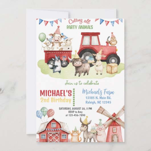 Farm animals boy ANY AGE birthday invitation. 招待状 (正面)