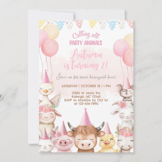 Farm animals close-up girl birthday invitation. 招待状 (正面)