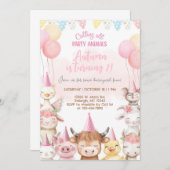Farm animals close-up girl birthday invitation. 招待状 (正面/裏面)