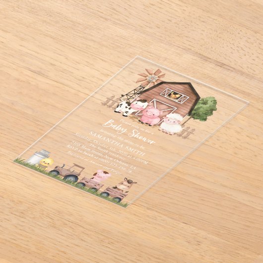 Farm Animals, Cute Animals, Barn, Baby Shower アクリル招待状 (レイダウン)