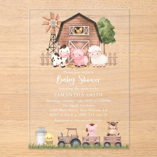 Farm Animals, Cute Animals, Barn, Baby Shower アクリル招待状 (正面)