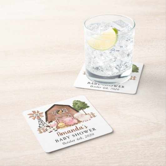 Farm Animals, Cute Animals, Barn, Baby Shower スクエアペーパーコースター (インサイチュ)
