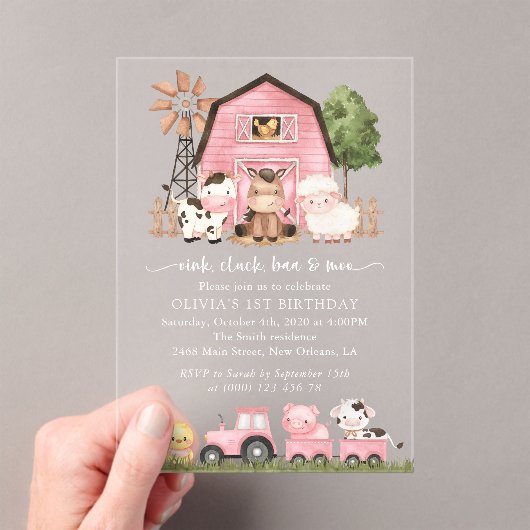 Farm Animals, Cute Animals, Barn, First Birthday アクリル招待状 (インサイチュ (ポータブル))