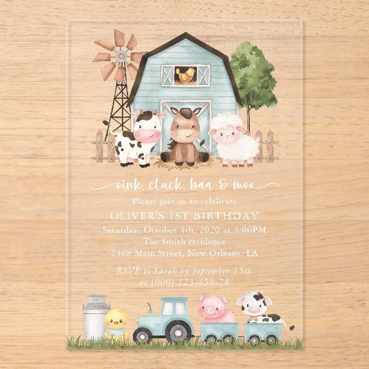 Farm Animals, Cute Animals, Barn, First Birthday アクリル招待状 (正面)