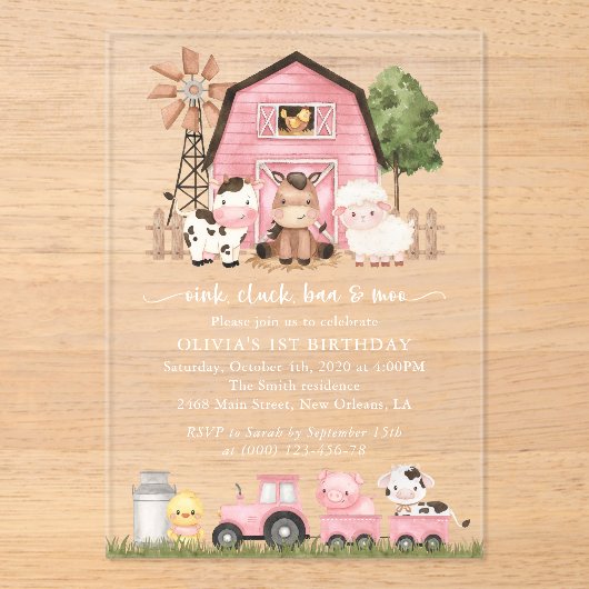 Farm Animals, Cute Animals, Barn, First Birthday アクリル招待状 (正面)