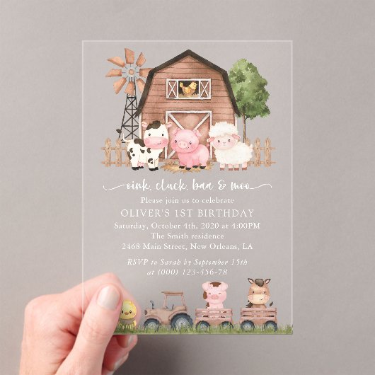 Farm Animals, Cute Animals, Barn, First Birthday アクリル招待状 (インサイチュ (ポータブル))