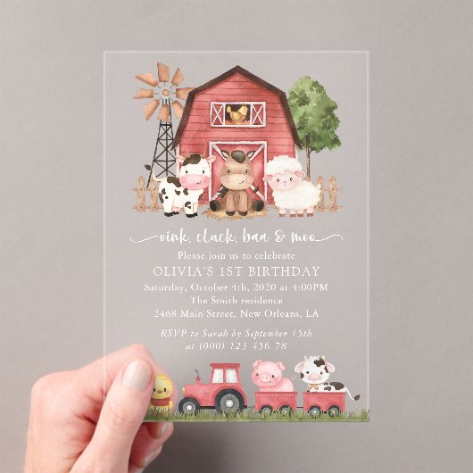 Farm Animals, Cute Animals, Barn, First Birthday アクリル招待状 (インサイチュ (ポータブル))