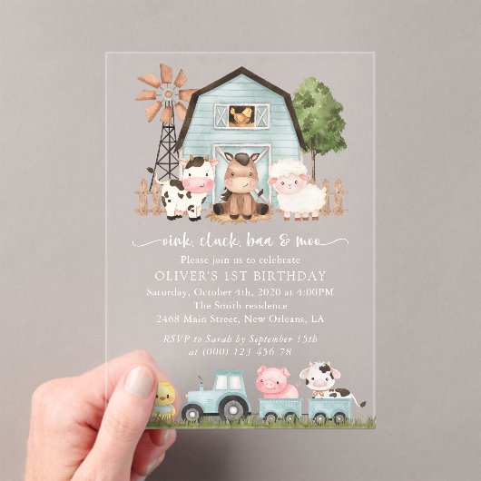 Farm Animals, Cute Animals, Barn, First Birthday アクリル招待状 (インサイチュ (ポータブル))