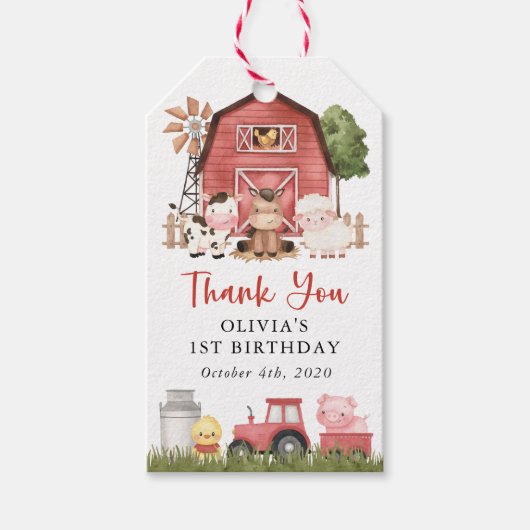 Farm Animals, Cute Animals, Barn, First Birthday ギフトタグ (正面)