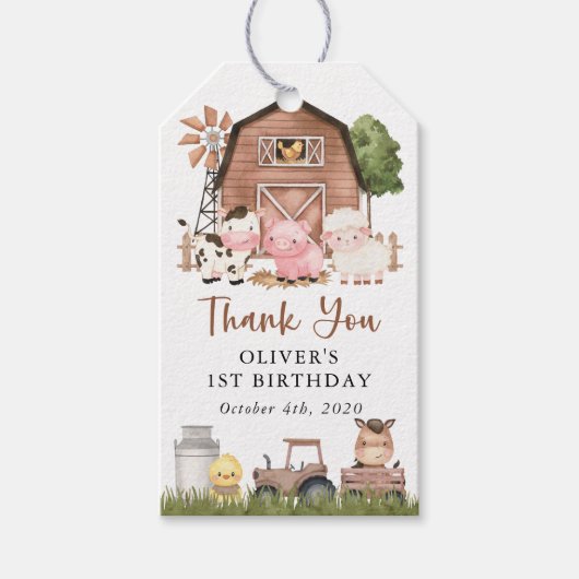 Farm Animals, Cute Animals, Barn, First Birthday ギフトタグ (正面)