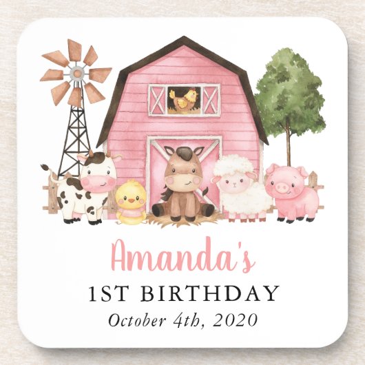 Farm Animals, Cute Animals, Barn, First Birthday コースター (正面)