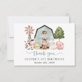 Farm Animals, Cute Animals, Barn, First Birthday サンキューカード (正面)