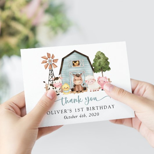 Farm Animals, Cute Animals, Barn, First Birthday サンキューカード