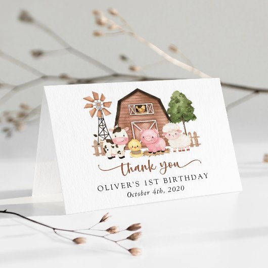 Farm Animals, Cute Animals, Barn, First Birthday サンキューカード