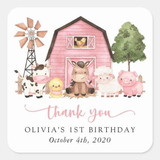 Farm Animals, Cute Animals, Barn, First Birthday スクエアシール (正面)