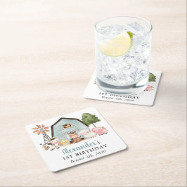 Farm Animals, Cute Animals, Barn, First Birthday スクエアペーパーコースター