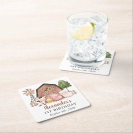 Farm Animals, Cute Animals, Barn, First Birthday スクエアペーパーコースター