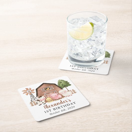 Farm Animals, Cute Animals, Barn, First Birthday スクエアペーパーコースター (インサイチュ)