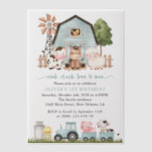 Farm Animals, Cute Animals, Barn, First Birthday ベラム紙招待状 (正面)