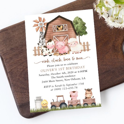 Farm Animals, Cute Animals, Barn, First Birthday 招待状