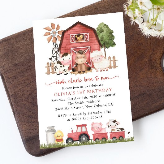 Farm Animals, Cute Animals, Barn, First Birthday 招待状
