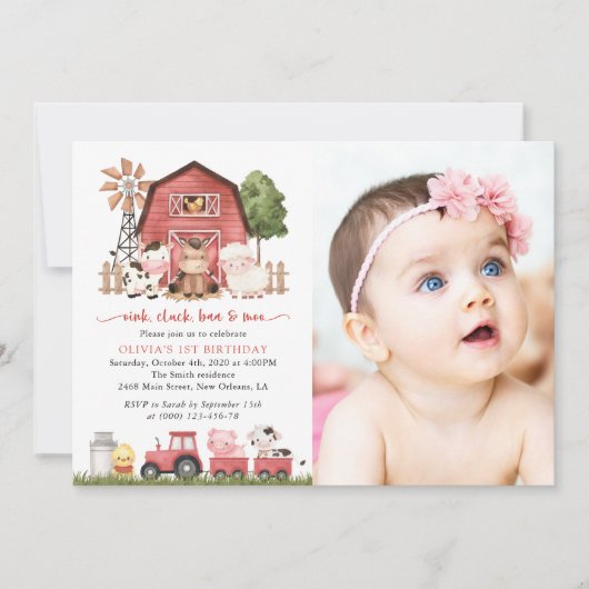Farm Animals, Cute Animals, Barn, First Birthday 招待状 (正面)