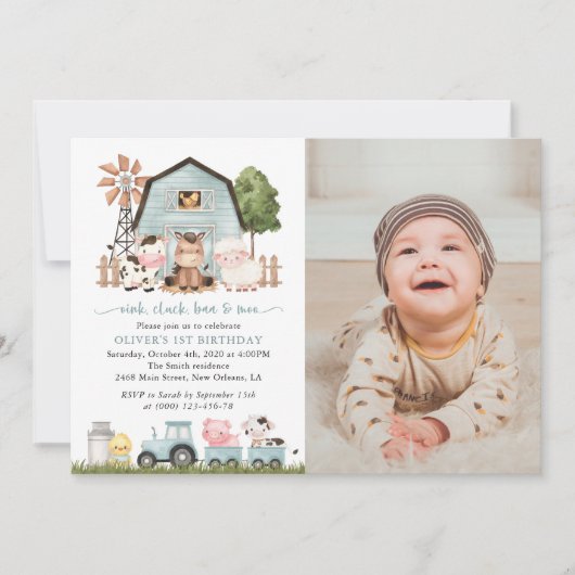 Farm Animals, Cute Animals, Barn, First Birthday 招待状 (正面)