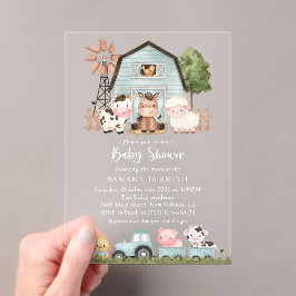 Farm Animals, Cute Animals, Blue Barn, Baby Shower アクリル招待状