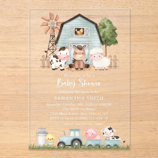 Farm Animals, Cute Animals, Blue Barn, Baby Shower アクリル招待状 (正面)