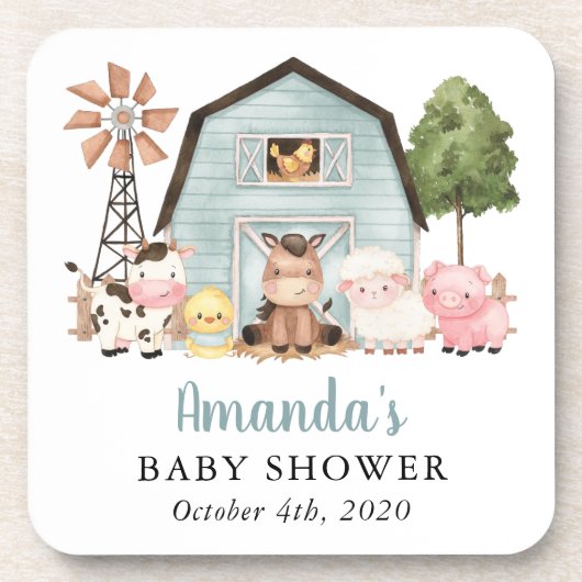 Farm Animals, Cute Animals, Blue Barn, Baby Shower コースター (正面)