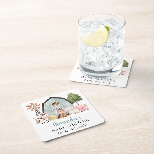 Farm Animals, Cute Animals, Blue Barn, Baby Shower スクエアペーパーコースター (インサイチュ)