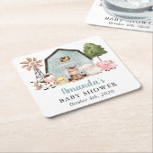 Farm Animals, Cute Animals, Blue Barn, Baby Shower スクエアペーパーコースター (アングル)