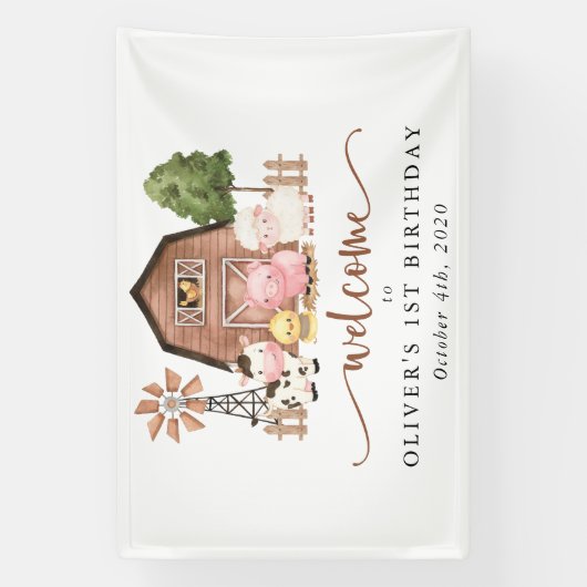 Farm Animals, Cute Animals, First Birthday Welcome 横断幕 (縦)